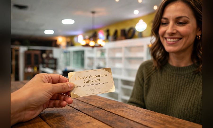 Bring people back with a gift card — card artwork made from a photo of the Liberty Emporium store.