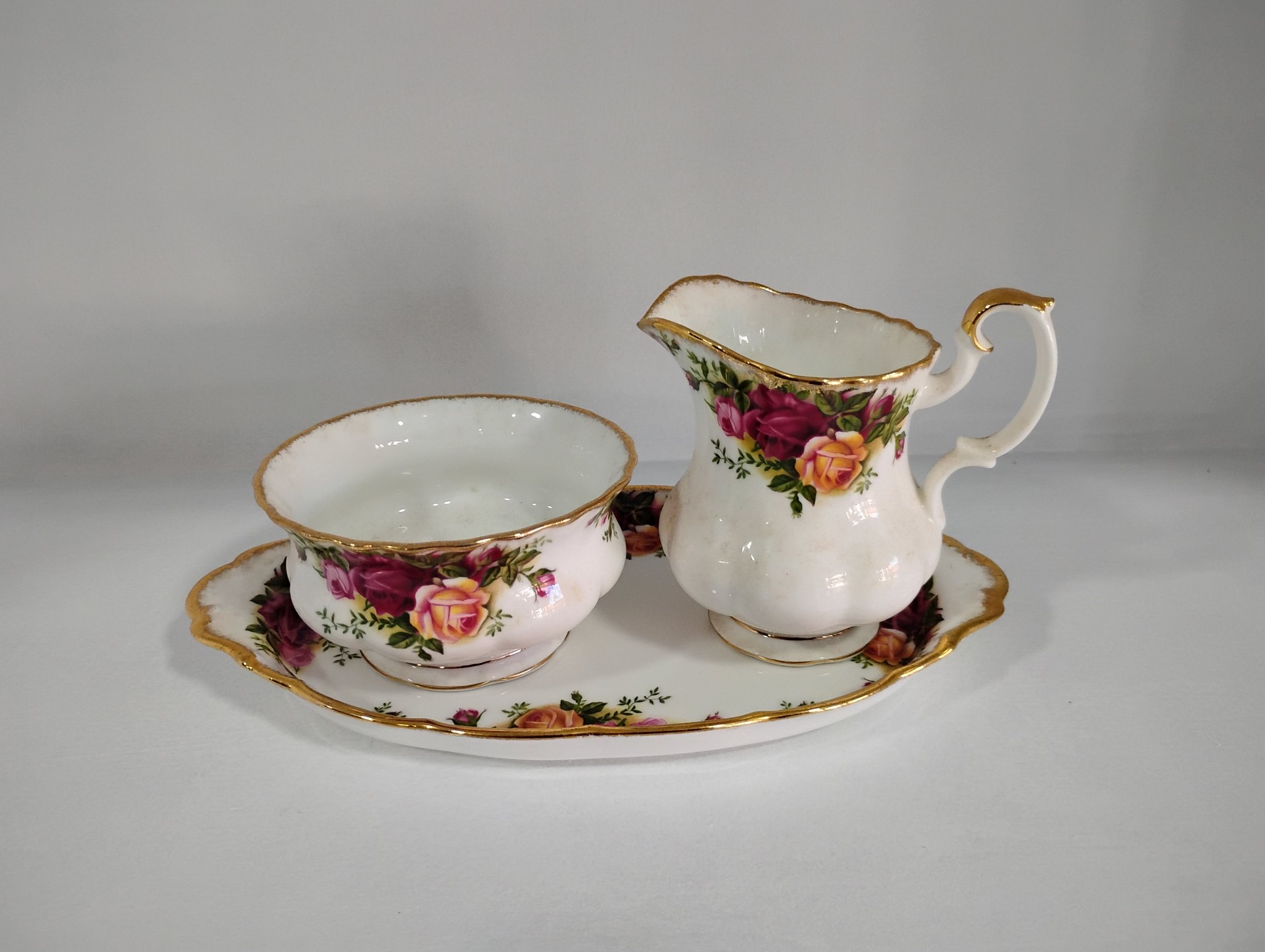 Royal Albert Old Country Roses - creamer, sugar bowl and oval tray